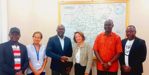 Public Works Minister Roland Layfette Giddings exchanges a handshake with EU Ambassador to Liberia, Nona Deprez.